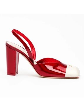 Chanel 26S Blazy Red White Square Toe Sling CC Slingback Block Heel Pump 36.5